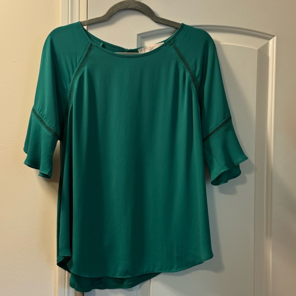 LOFT Teal Blouse with Ruffle Sleeves